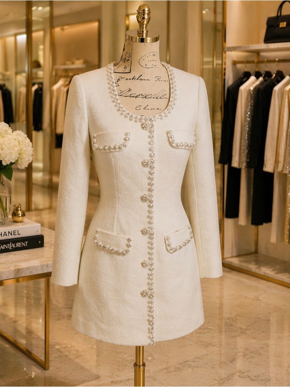 SELF PORTRAIT 
Ivory embellished BOUCLE COLLARED MINI jacket DRESS